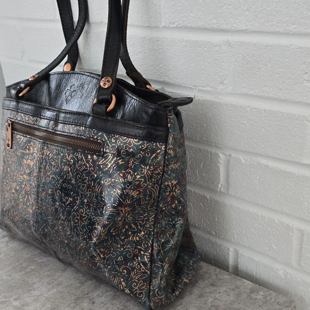 Patricia Nash Black Gold Embossed Floral Tote Bag Metal Hardware Medium - Picture 5 of 16